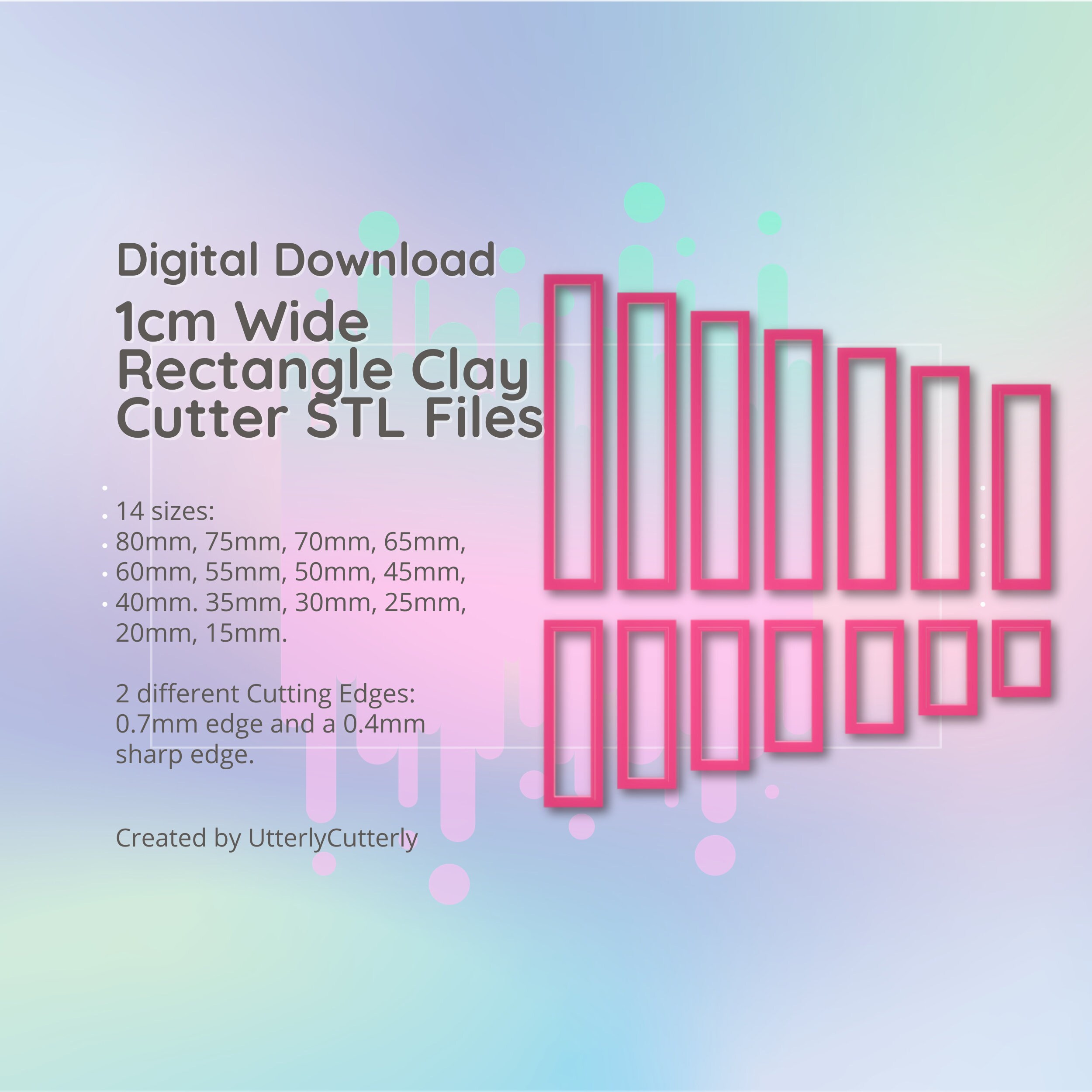 1cm Wide Rectangle Clay Cutter - STL Digital File Download- 14 sizes and 2 Cutter Versions