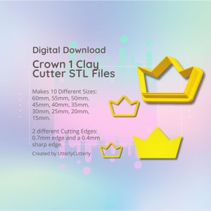 Clay Cutter STL File  Crown 1 - Princess Earring Digital File Download- 10 sizes and 2 Cutter Versions, cookie cutter