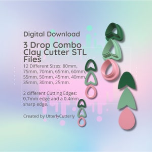 Clay Cutter STL File - 3 Drop Combo  - Earring Digital File Download- 12 sizes and 2 Earring Cutter Versions, cookie cutter