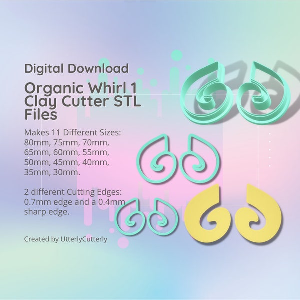 Organic Whirl 1 Clay Cutter - Earring STL Digital File Download- 11 sizes and 2 Earring Cutter Versions, cookie cutter