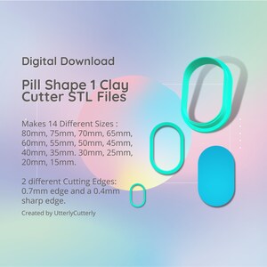 ピルシェイプ 1 粘土カッター - 基本 STL デジタル ファイルのダウンロード - 14 サイズと 2 つのカッター バージョン、イヤリング、ブローチ、ペンダント、ヘア バレッタ