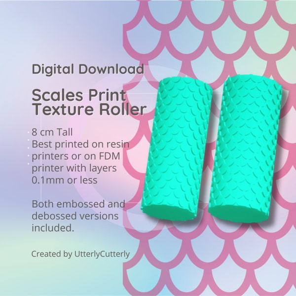 Mermaid Dragon Scales Texture Roller, Digital File- STL - Embossed and Debossed included