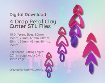 4 Cutter Petal Drop Cutter - Flower STL Digital File Download- 10 sizes and 2 Cutter Versions