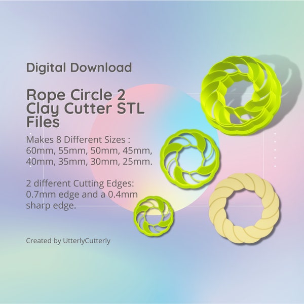 Rope Circle 2 Clay Cutter - Nautical Wreath Donut STL Digital File Download- 8 sizes and 2 Cutter Versions, Sailor Style