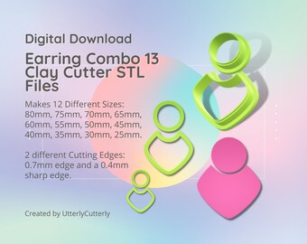 Earring Combo 13 Clay Cutter - Earring STL Digital File Download- 12 sizes and 2 Earring Cutter Versions, cookie cutter, Geometric