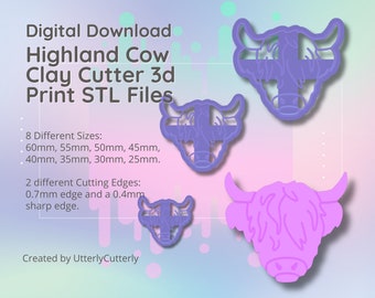 Cortador de arcilla de vaca - Descarga de archivos digitales Highland Cow STL- 8 tamaños y 2 versiones de cortador