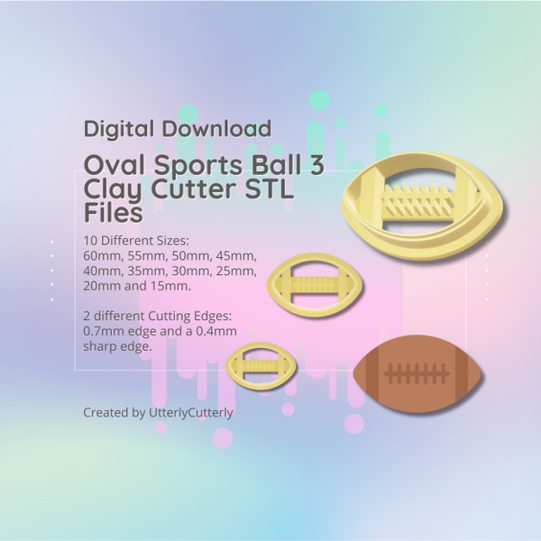 Oval Sports Ball 3 Clay Cutter - American Football- Rugby - Jewelry Earring STL Digital File Download- 10 sizes and 2 Cutter Versions