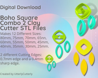 Boho Square Combo 2 Clay Cutter - STL Digital File Download- 12 maten en 2 Cutter Versies