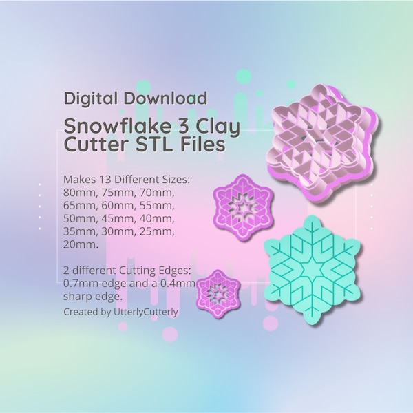 Clay Cutter STL File Snowflake 3 - Christmas Earring Digital File Download- 13 sizes & 2 Cutter Versions, cookie cutter, christmas ornament