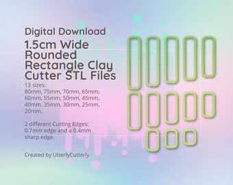 1.5cm Wide Rounded Rectangle Clay Cutter - STL Digital File Download- 13 sizes and 2 Cutter Versions