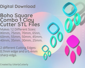 Boho Square Combo 1 Clay Cutter - STL Digital File Download- 12 maten en 2 Cutter Versies