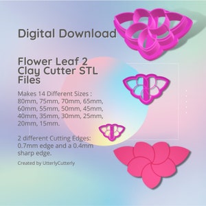 花の葉 2 粘土カッター - STL デジタル ファイルのダウンロード - 14 サイズと 2 つのカッター バージョン、イヤリング、ブローチ、ペンダント、ヘア バレッタ