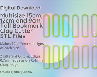 Multisize Bookmark Clay Cutter, 15cm, 12cm en 9cm Hoog bij 3cm Breed - STL Digital File Download- 12 ontwerpen en 2 Cutter Versies
