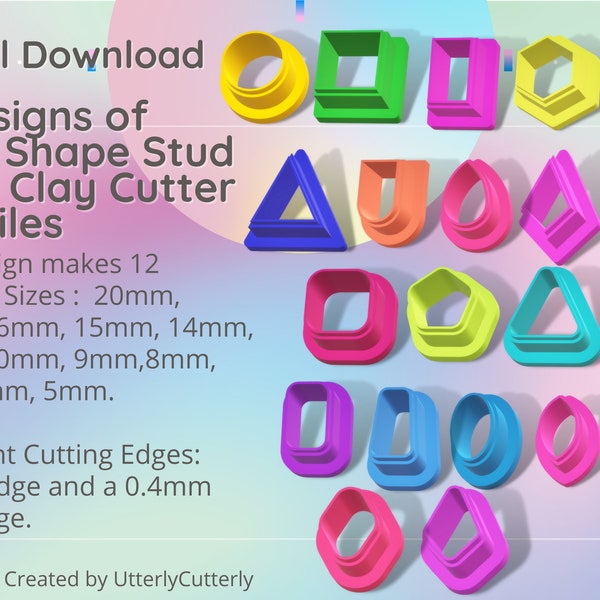 21 Designs Basic Shapes Stud Micro Clay Cutter - STL Digital File Download- 12 sizes and 2 Cutter Versions