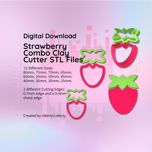 Clay Cutter STL File Strawberry Combo- Earring Digital File Download- 12 sizes & 2 Cutter Versions, cookie cutter