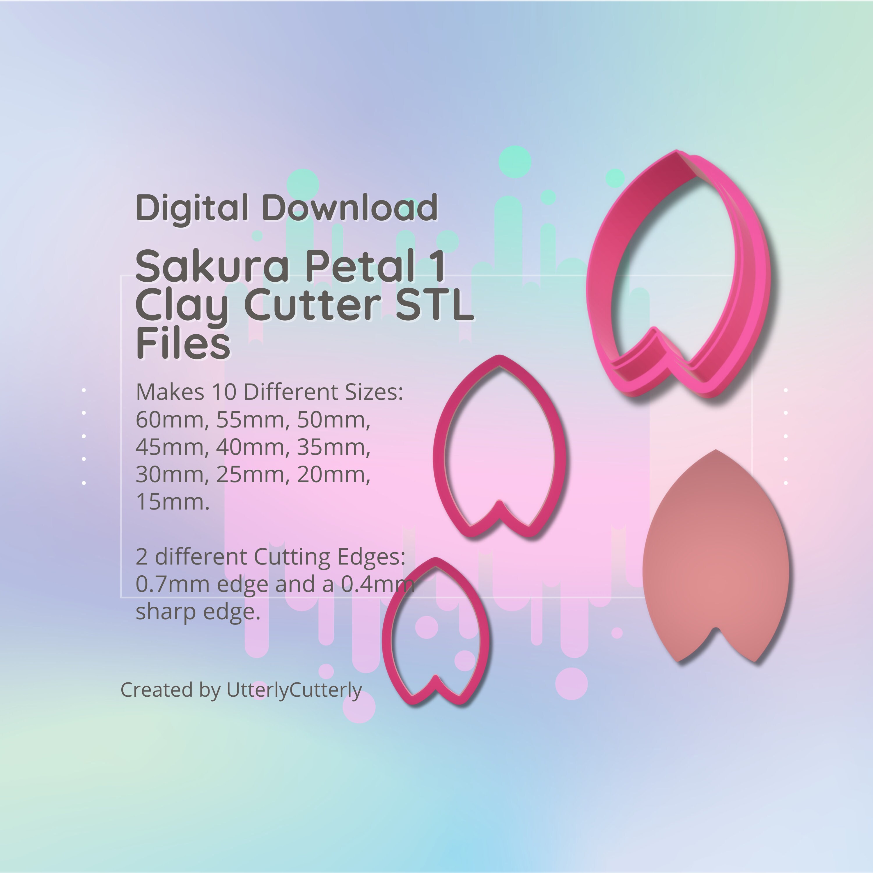 Clay Cutter STL File - Sakura Cherry Blossom Petal 1 - Flower Earring Digital File Download- 10 sizes and 2 Cutter Versions, cookie cutter