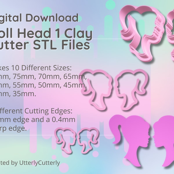 Clay Cutter STL File - Fashion Doll Head 1 - Silhouette Earring Digital File Download- 10 sizes and 2 Earring Cutter Versions, cookie cutter