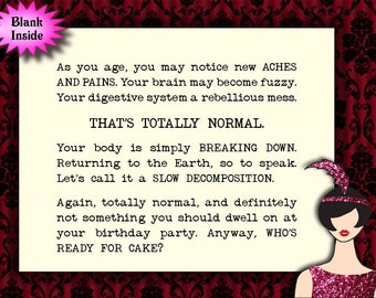 as you age, you may notice new aches and pains // funny birthday card, snarky greeting card for friend or family, sarcastic card