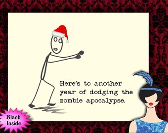 santa dodging the zombie apocalypse // funny new year card, snarky holiday card, happy new year sarcastic card