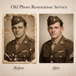 May include: Image showcasing old photo restoration. The image is split, with a damaged vintage photo on the left and a restored version on the right. Both photos feature a man in a military uniform and cap. The text "Old Photo Restoration Service" is at the top.