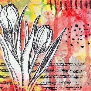 May include: A black and white line drawing of three tulips on a colorful abstract background. The background features red, yellow, green, and black paint splatters and geometric shapes.