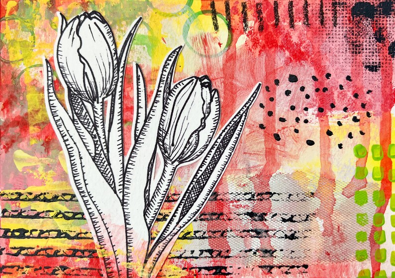 May include: A black and white line drawing of three tulips on a colorful abstract background. The background features red, yellow, green, and black paint splatters and geometric shapes.