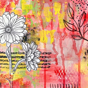 May include: Abstract painting with a pink, yellow, and white background. The painting features two black and white stylized flowers and a black branch with leaves.