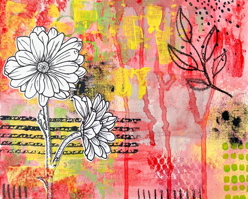 May include: Abstract painting with a pink, yellow, and white background. The painting features two black and white stylized flowers and a black branch with leaves.