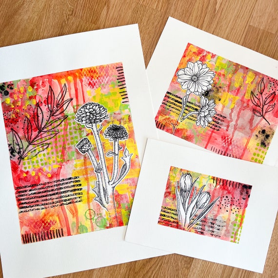 ORIGINAL PAINTINGS - Set of 3 - Abstract Floral Art