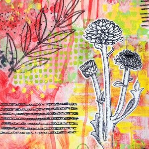 May include: Abstract art painting with a red, yellow, and green background. A black and white illustration of a flower with multiple stems is in the center of the painting.