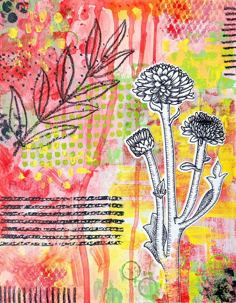May include: Abstract art painting with a red, yellow, and green background. A black and white illustration of a flower with multiple stems is in the center of the painting.