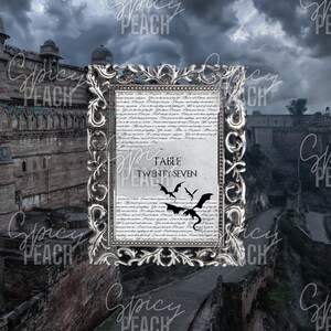May include: A silver framed table number card with a black background and white text. The card reads "Table Twenty-Seven". There are five black silhouettes of bats and dragons flying around the text. The card is set against a backdrop of a dark, cloudy sky and a stone building.