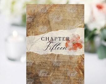 Puede incluir: Un letrero de mesa decorativo sobre un pequeño caballete de madera. El letrero presenta un diseño de papel rasgado con las palabras "CHAPTER Fifteen" y un acento floral. El fondo tiene una apariencia vintage y texturizada con las palabras "Spicy Peach" repetidas.