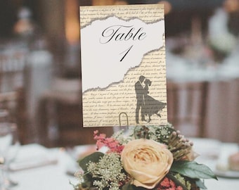Números de mesa para bodas literarias: números de mesa con temática de libros, bodas literarias, bodas inspiradas en la literatura, adornos para mesas de clubes de lectura, temática de libros
