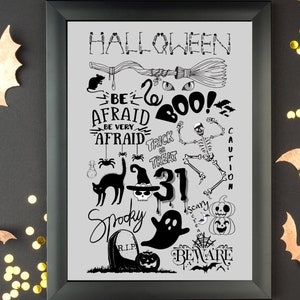 May include: Black framed Halloween-themed art print with various spooky illustrations and text. The design includes a black cat, ghost, skeleton, and the words "Halloween," "Beware," and "Spooky."