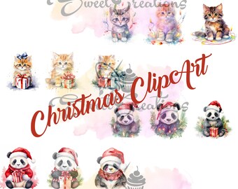 May include: A digital clipart set featuring watercolor illustrations of cats and pandas in various Christmas-themed poses. The illustrations include cats wearing Santa hats, holding presents, and sitting by a Christmas tree. The pandas are also wearing Santa hats and holding presents. The illustrations are in a whimsical style and are perfect for adding a touch of holiday cheer to your projects.