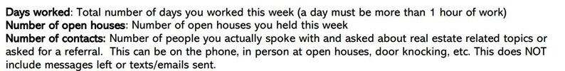 May include: Text explaining how to calculate days worked, number of open houses held, and number of contacts made for a real estate agent. A day worked must be more than one hour. Contacts include in-person conversations, phone calls, and door knocking, but not messages left or emails sent.