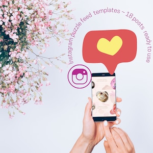 May include: A smartphone displaying a mockup of an Instagram feed with 18 posts, featuring a heart icon and the text "Instagram puzzle feed templates - 18 posts ready to use".