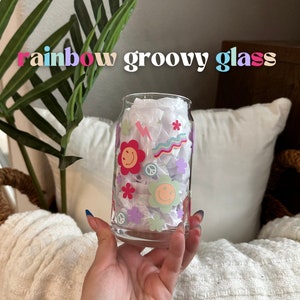 Groovy Rainbow Glass | Smiley Face Flower Glass | Rainbow Fun Coffee Cup | Cute Coffee Glasses | Cute Coffee Cup