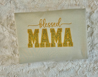 Blessed Mama Sweatshirt: Gold Glitter Embroidered Crewneck