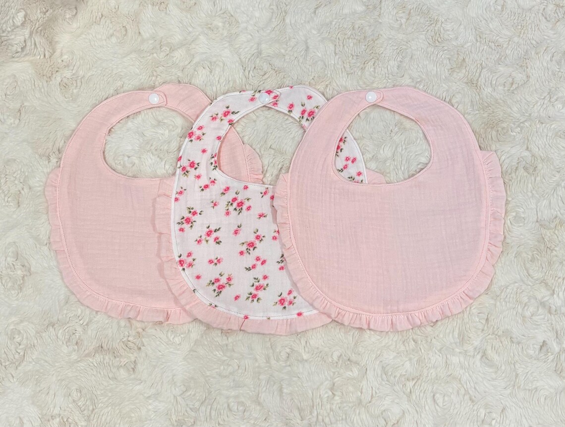 Pink Ruffle Bib Ruffle Muslin Baby Bib Set: Floral & Pink, Handmade in USA - Etsy