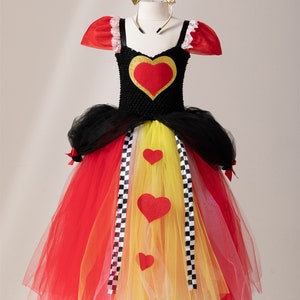 KALWAR Queen of Hearts Costume for Girls Red Queen Dress Halloween Costumes for Kid with Accessories