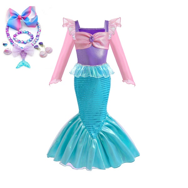 ¡Novedad de 2023! vestido de princesa sirena para niñas, vestido de fiesta de sirena con 7 Uds. De accesorios, disfraz de sirena ostentoso