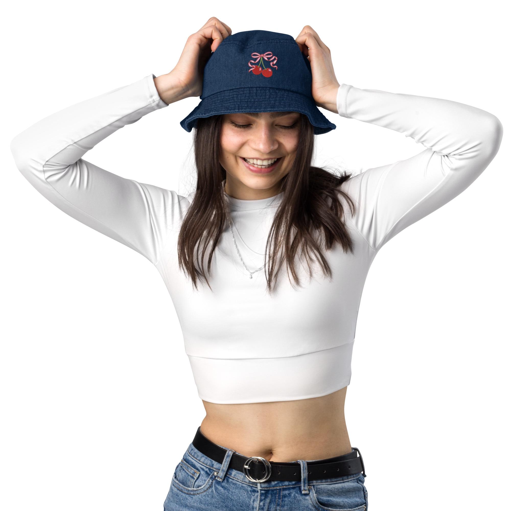 Embroidered Cherries Denim Bucket Hat - Etsy