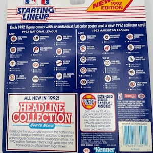 May include: A Kenner Starting Lineup 1992 Headline Collection baseball figure package. The back of the package features team logos, player names, and the text "All New in 1992!" and "Extended Series Baseball Figures."