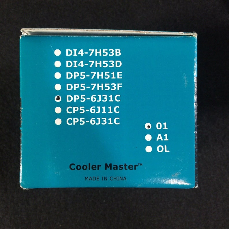 May include: A blue box with white text listing product codes: DI4-7H53B, DI4-7H53D, DP5-7H51E, DP5-7H53F, DP5-6J31C, CP5-6J11C, CP5-6J31C. The box also has white text that says "Cooler Master&trade;" and "MADE IN CHINA". There are three white circles with black text: 01, A1, and OL.