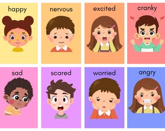 May include: A colorful chart with illustrations of children expressing different emotions. The emotions are labeled with the words: happy, nervous, excited, cranky, sad, scared, worried, and angry.