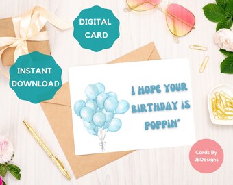 Birthday Card For Friend Funny Ballon Card Digital Printable Blue Happy Birthday Cards 7x5 inch cards