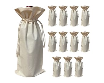 TBF 12 Pack Natural Plain Cotton Canvas Wine Bottle Gift Bags with Drawstring Closure Blank Reusable Wine Bags for Gifts