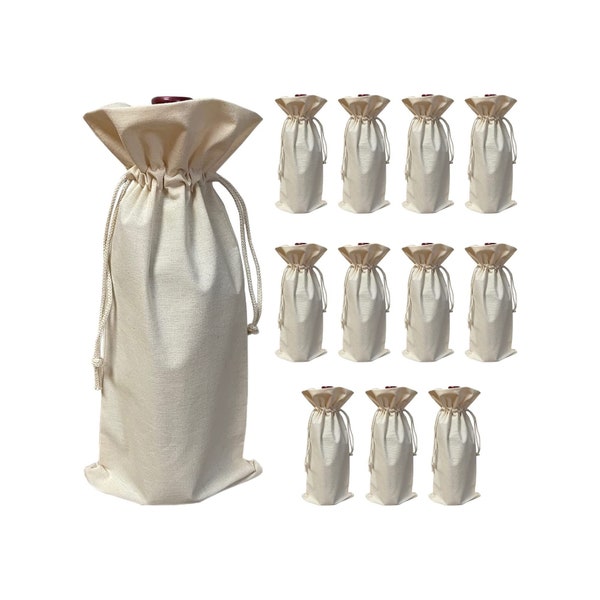 TBF 12 Pack Natural Plain Cotton Canvas Wine Bottle Gift Bags with Drawstring Closure Blank Reusable Wine Bags for Gifts